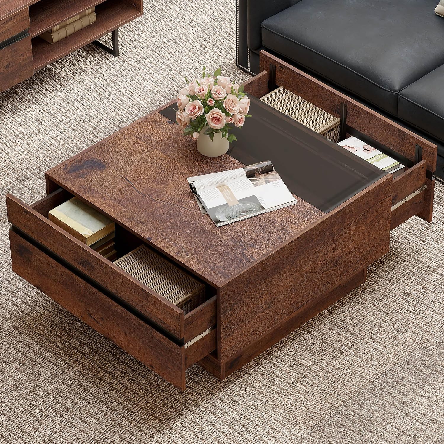 WAMPAT 3 Pieces Living Room Table Set, Modern Coffee Table with Tempered Glass Top, Modern End Table with 1 Drawer & 1 Storage Cabinet for Living Room