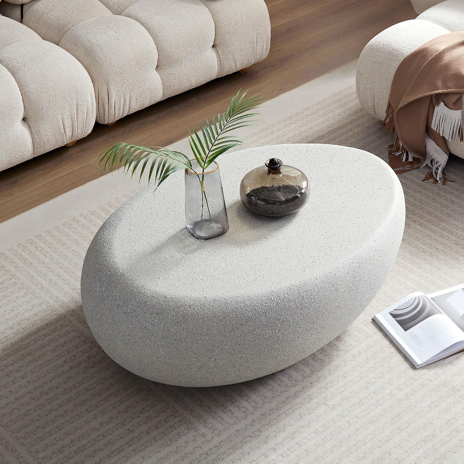 Faux Rock Coffee Table with Lightly Rought Rock Design,Irregular Drum Coffee Table Fiberglass Accent Stone-Like Central Table for Living Room,No Assembly