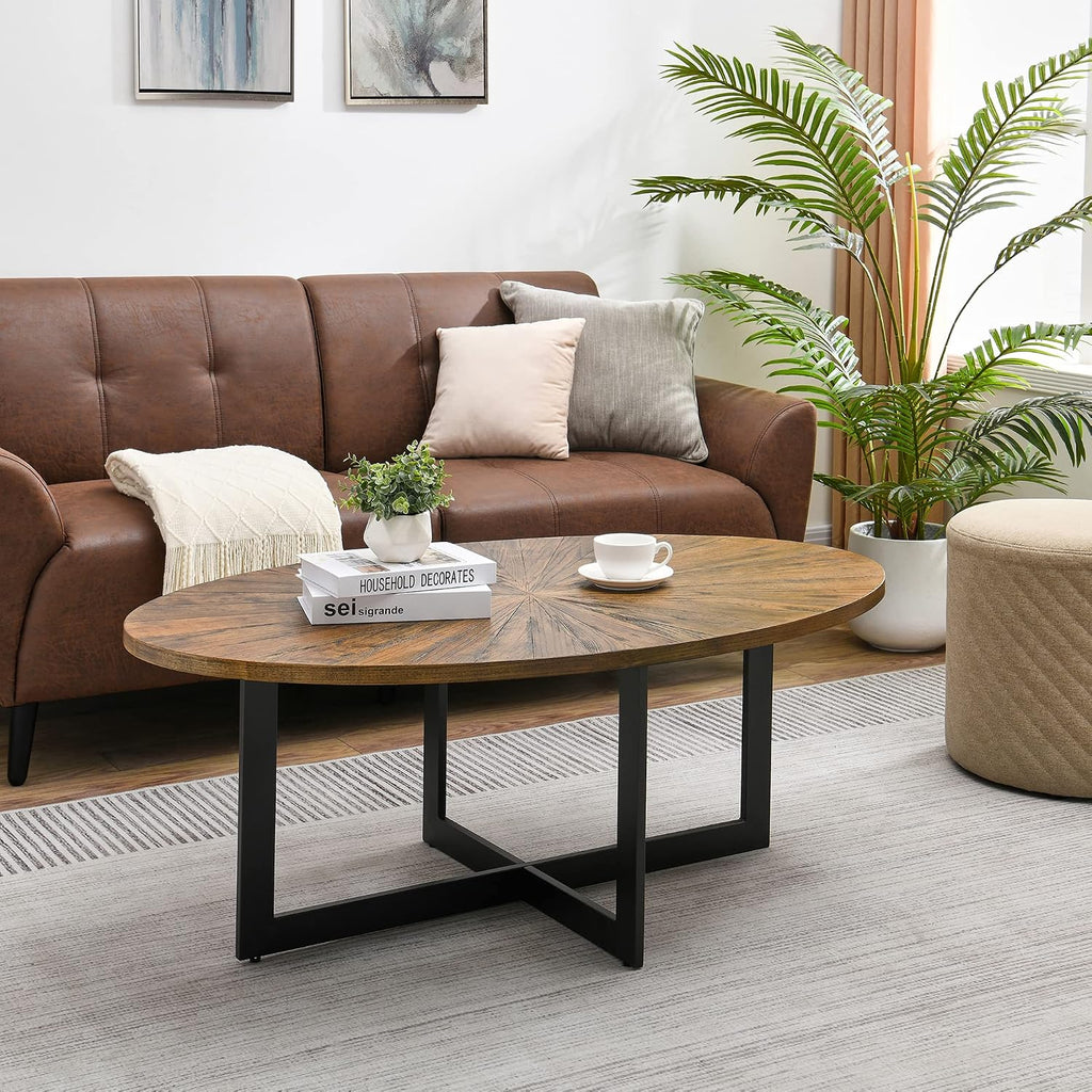 Solid Wood Oval Coffee Table with Cross Metal Legs, 47.9' Industrail Bar Cocktail Table for Living Room Kitchen Office Sofa Table Bristro Table for Cafe/Bar Rustic Brown 1831