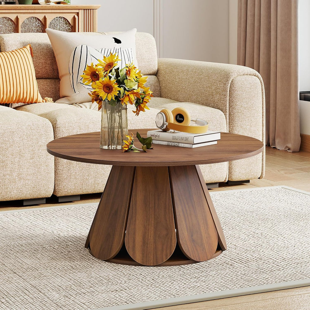 Round Coffee Table, Modern Farmhouse Wood Circle Center Table with Pedestal Base for Small Space, Living Room, Apartment, Walnut