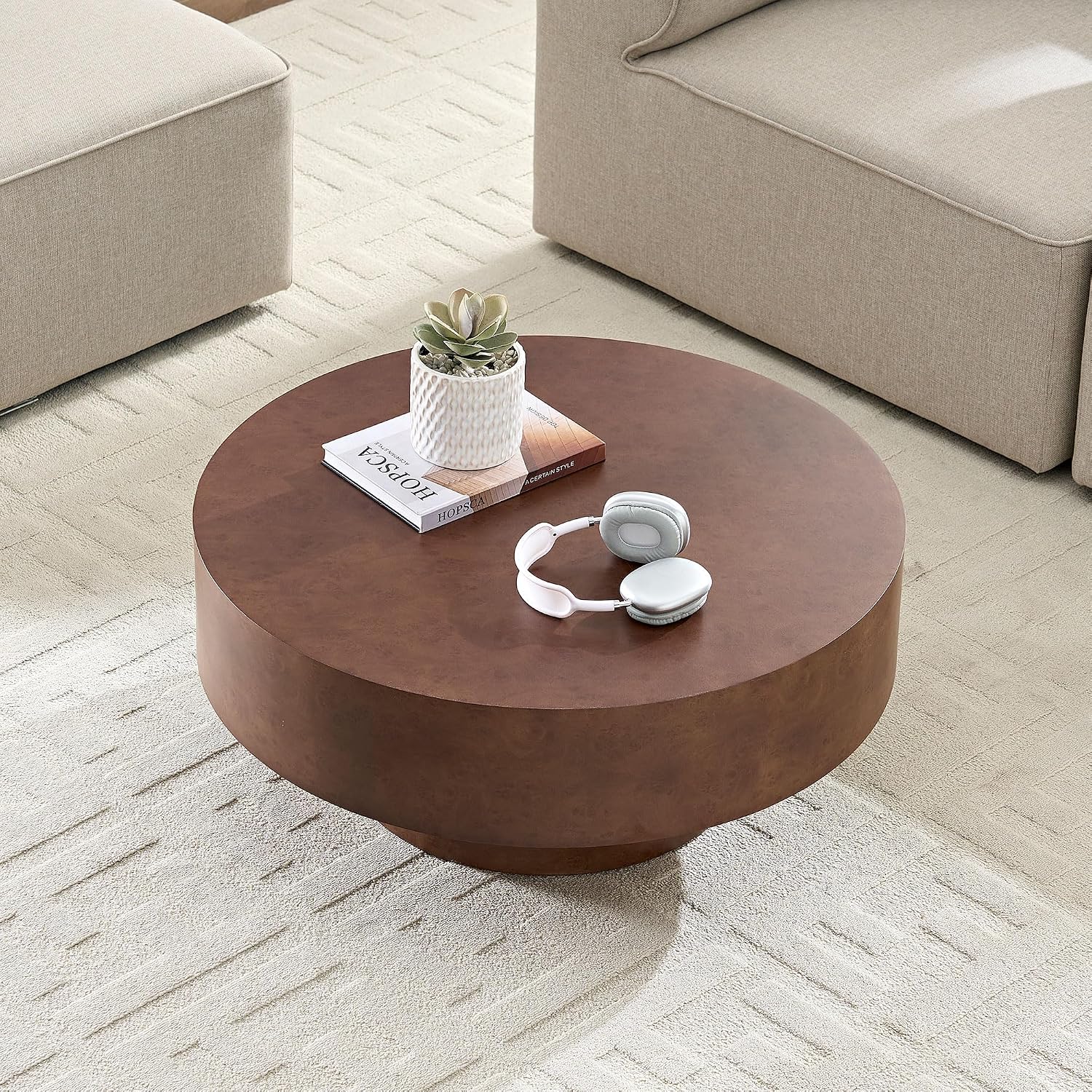31.49'' Round Coffee Table Modern Wood Coffee Table for Living Room, Contemporary Circle Drum Pedestal Style, Faux Burl Wood Veneer Pattern, Easy Assembly, Walnut