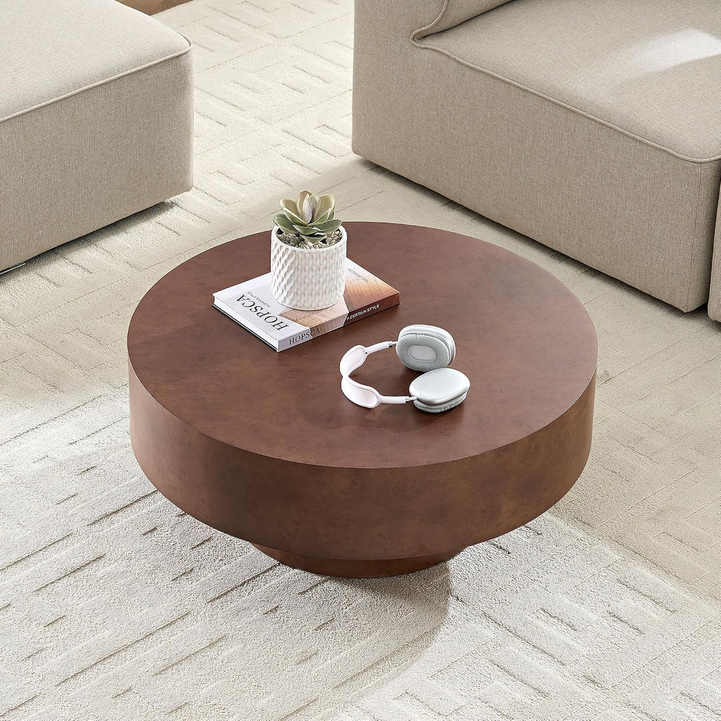 WILLIAMSPACE 31.49' Round Coffee Table with Faux Burl Wood Veneer & Pedestal, Modern Wood Circle Drum Center Table for Living Room, Circular Accent Side End Table for Apartment, 13.77' H (Walnut)