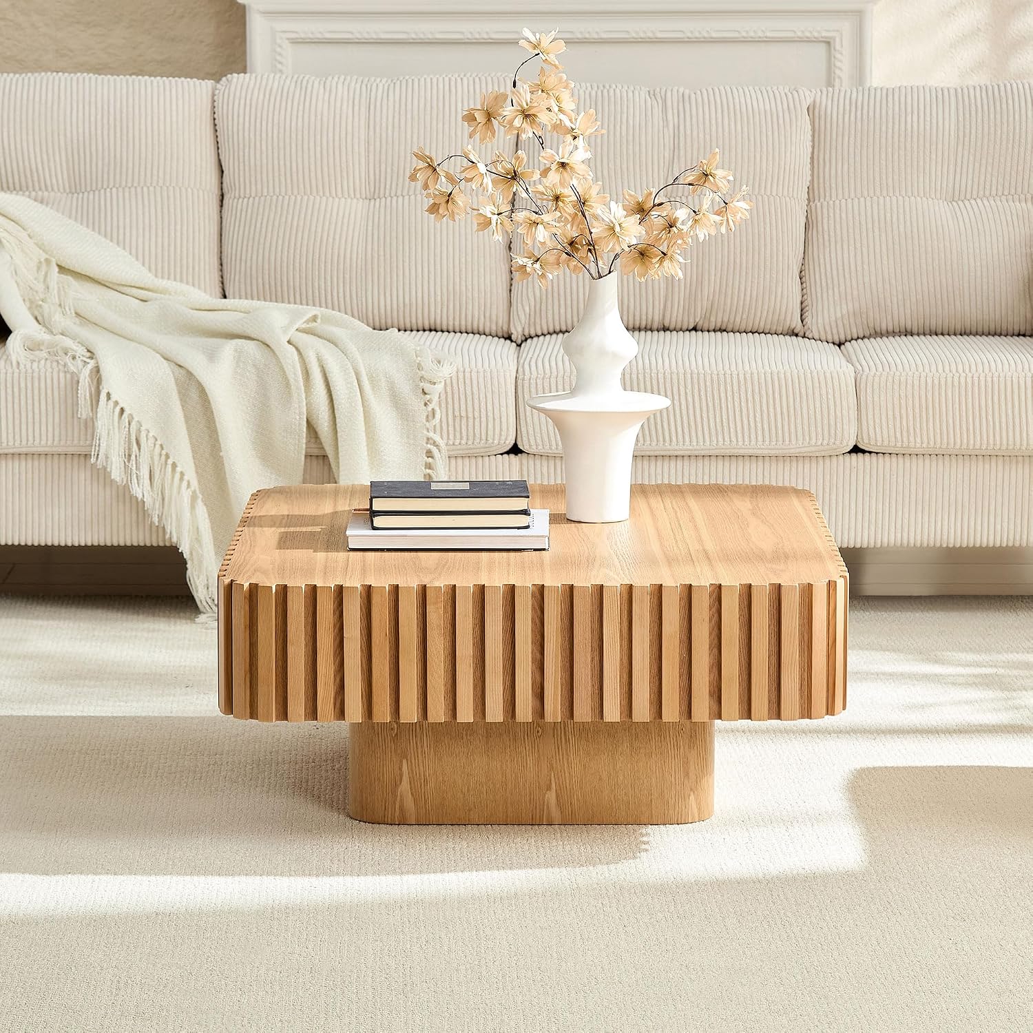 31.49'' Square Coffee Table for Living Room, Modern Wood Drum Pedestal Flute Embossment Coffee Table, Easy Assembly, Oak