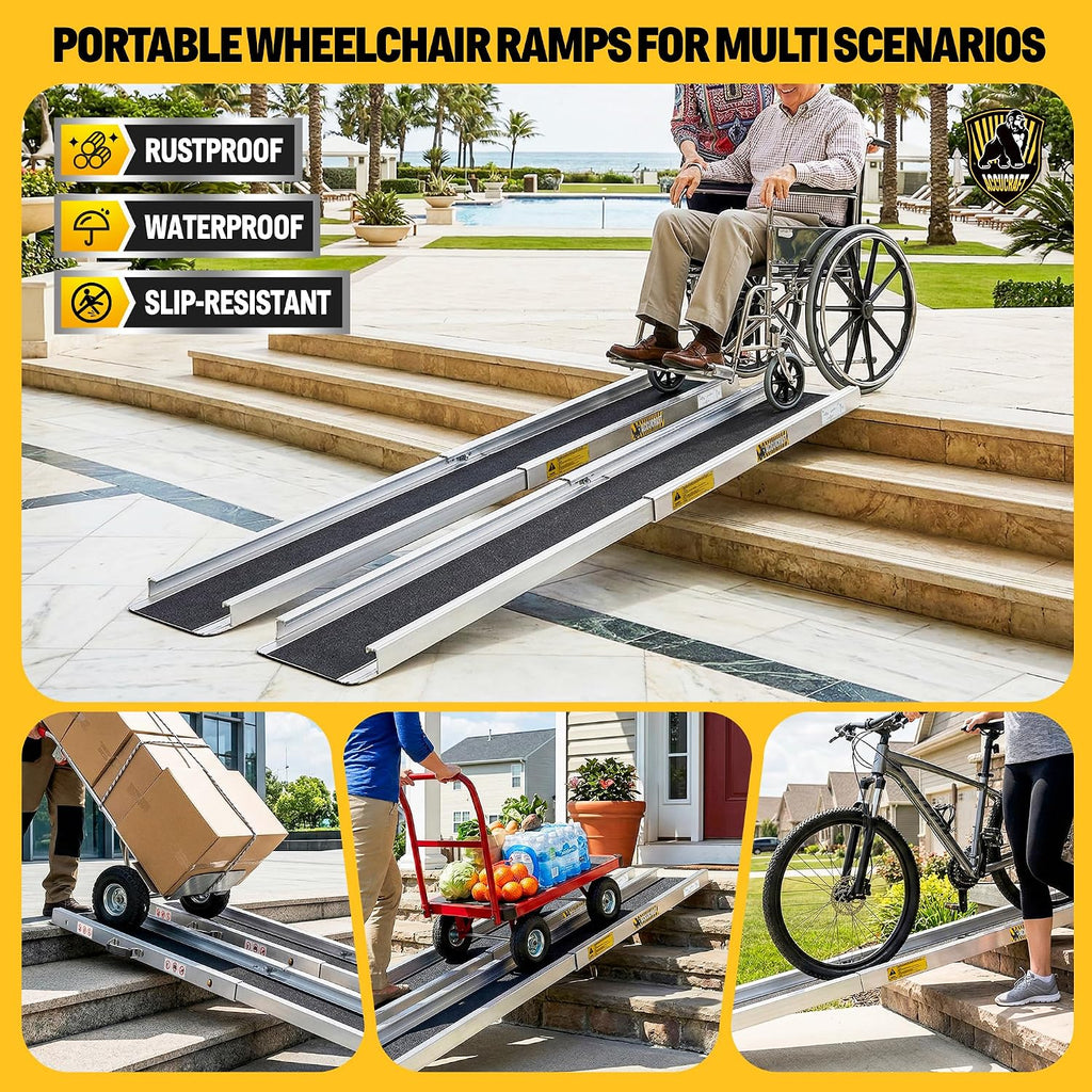 Upgrade 7FT Portable Wheelchair Ramp 2 Pack, 1200 LBS Heavy Duty Load Capacity, Adjustable Aluminum Threshold Ramp with Handle, Non-Slip Handicap Ramp for Home Steps, Doorways, Curbs, Stairs, Vehicles