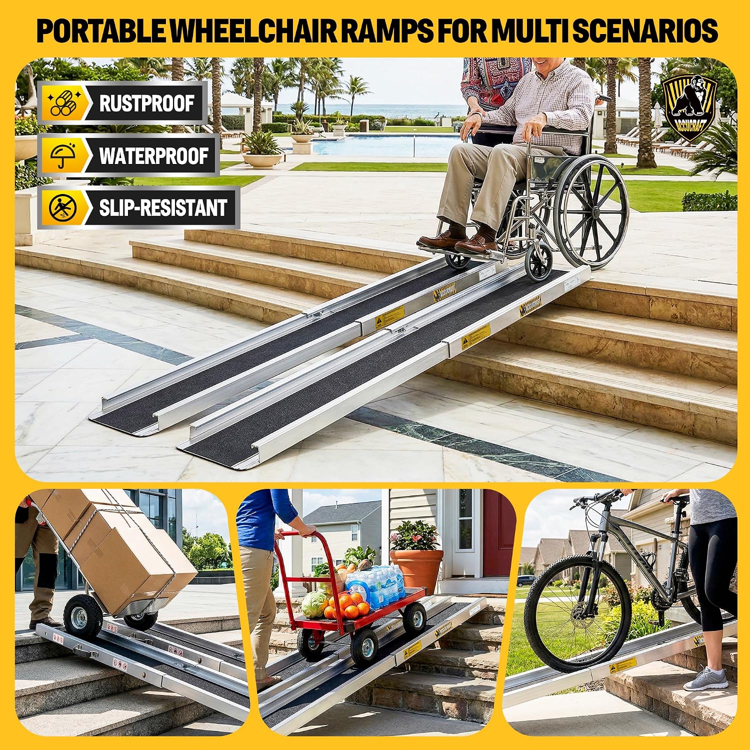 Upgrade 7FT Portable Wheelchair Ramp 2 Pack, 1200 LBS Heavy Duty Load Capacity, Adjustable Aluminum Threshold Ramp with Handle, Non-Slip Handicap Ramp for Home Steps, Doorways, Curbs, Stairs, Vehicles
