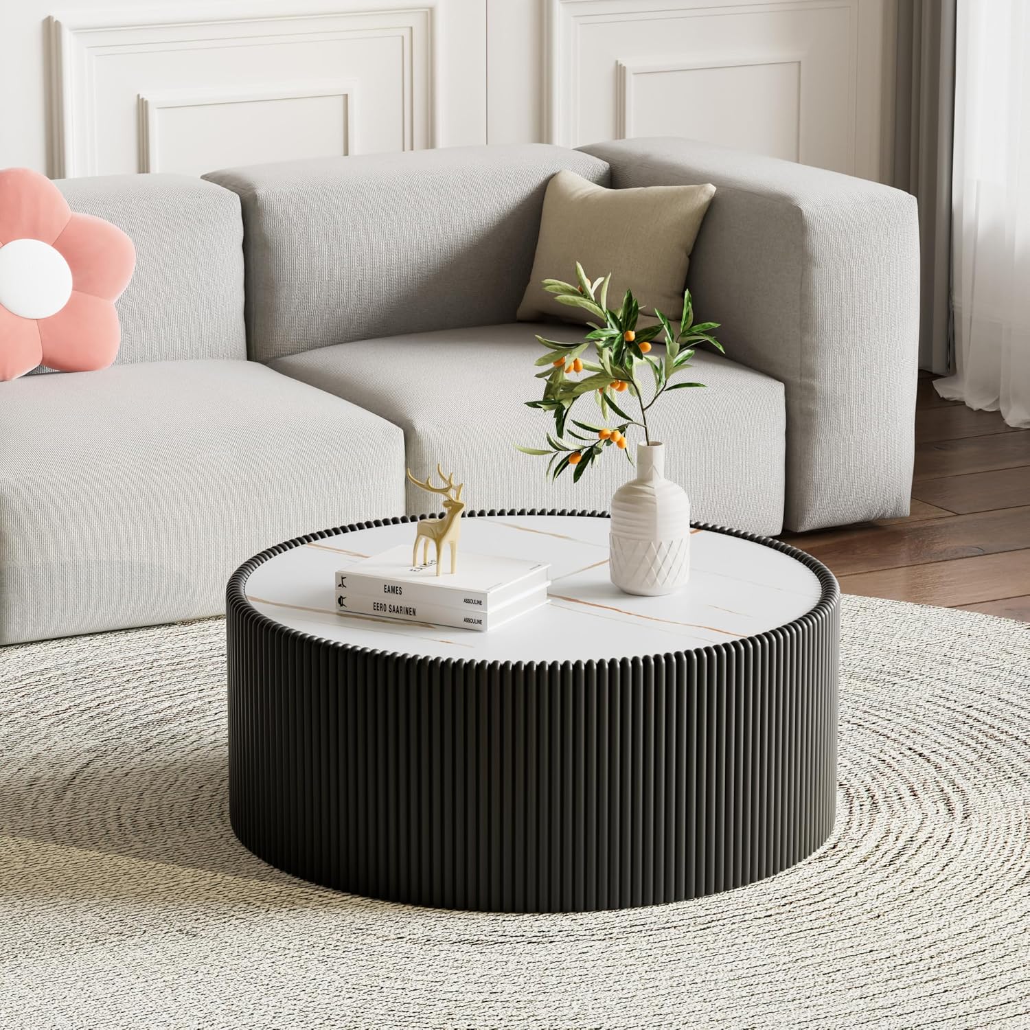 Modern Round Coffee Table Luxury Sintered Stone Top Coffee Table in Black Leatherette Creative Drum-Shape Cocktail Center Table for Living Room Bedroom,Fully Assembled