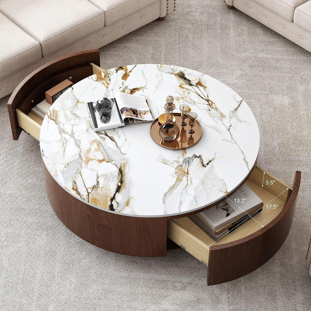 35.4'' Sintered Stone Round Coffee Table with 2 Drawer Storage Space, Modern Wood Circle Drum Coffee Table for Living Room, Stainless Legs, Brown & White