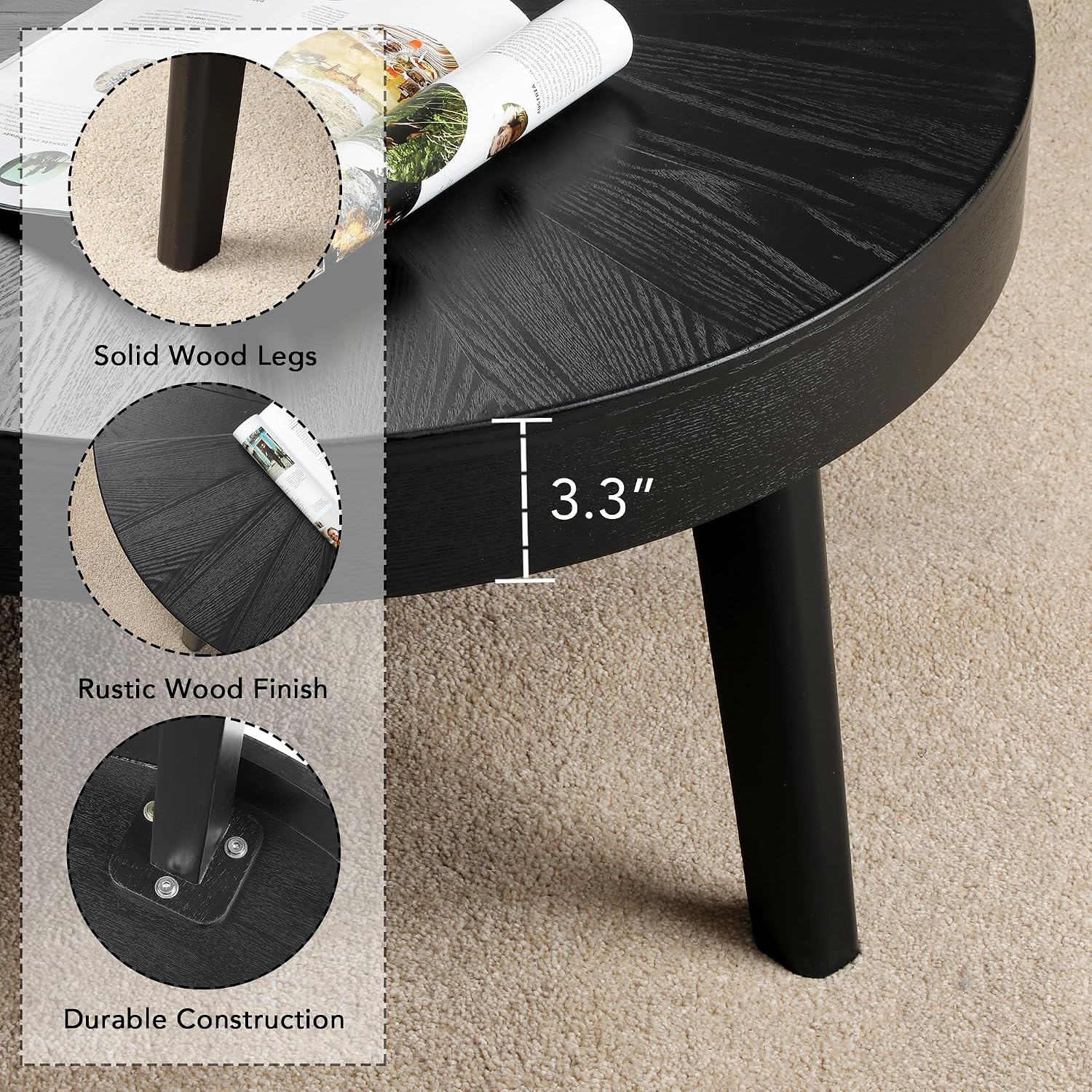 HOKYHOKY Farmhouse Round Coffee Table Set of 3, Black Sofa Side Nesting Tables End Table Set with Wood Natural Finish for Living Room, Bedroom, Home Office, Conference