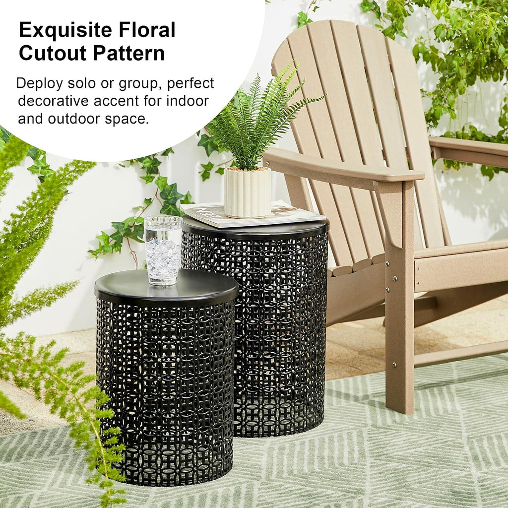 Glitzhome Accent Tables Living Room Set of 2, Round Metal Side End Table, Small Circle Coffee Bedside Table, Planter Stand for Couch Nightstand Bedroom Patio Backyard, Glossy Black