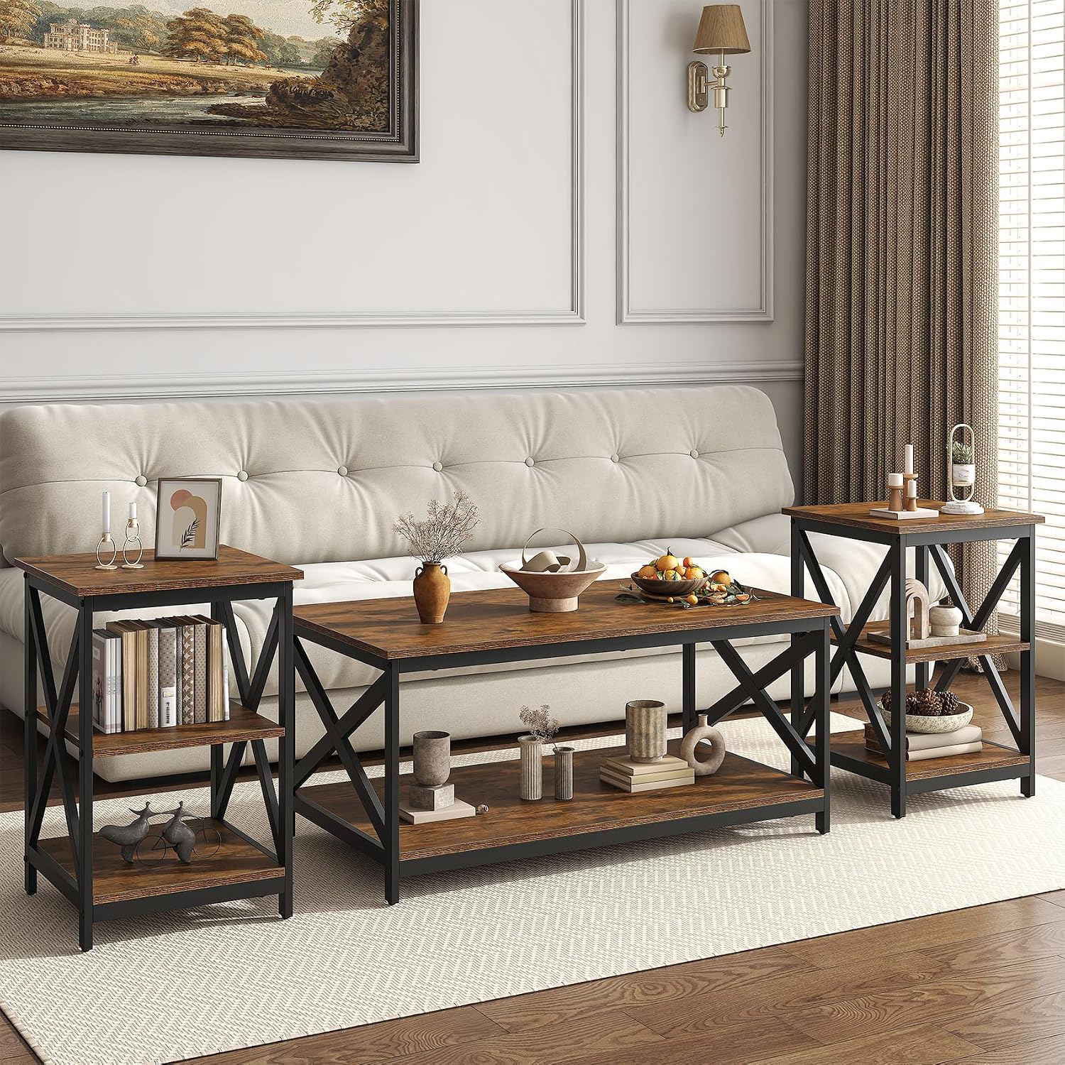 Bigbiglife Living Room Coffee Table Set of 3, Industrial X-Design Coffee Table and 2 End Side Tables, 3 Piece Living Room Table Set with Large Storage for Apartment Home (Dark Rustic Brown)