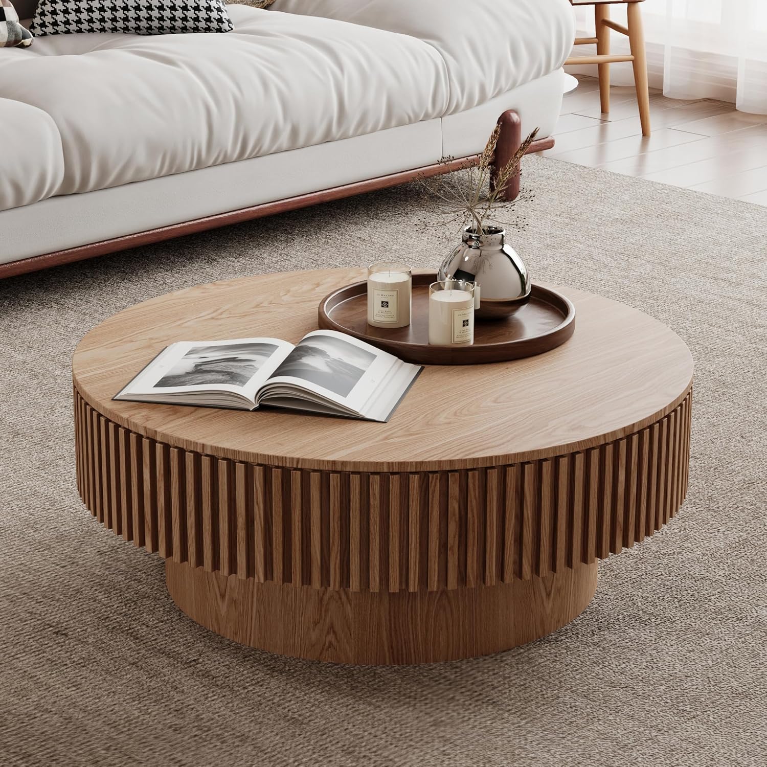 31.5 Inch Round Coffee Table with Storage for Living Room, Modern Wooden Circle Center Table with Solid Wood Veneer, Oak