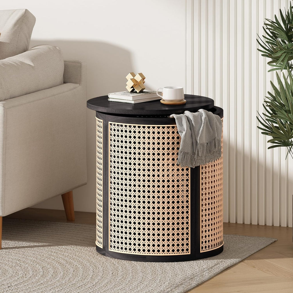 Christopher Knight Home Aurl Lift Top Round End Table with Storage, Modern Side Table with Woven Rattan Details, Wooden Small Coffee Table for Living Room, Round Storage Ottoman, Black
