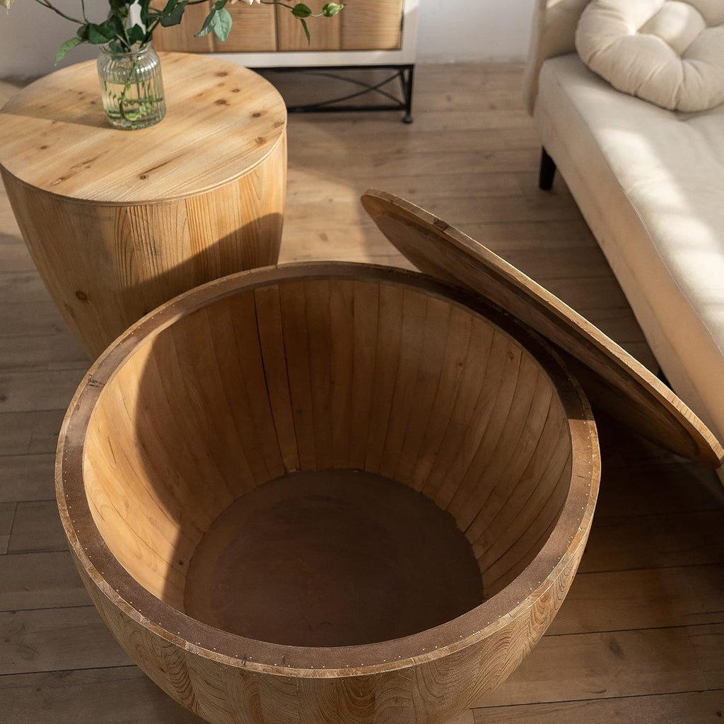 Round Wood Coffee Table End Table Side Table Set of 2 with Storage for Living Room, Modern Farmhouse Bucket Shaped Drum Coffee Table for Living Room Apartment, 2-Pcs