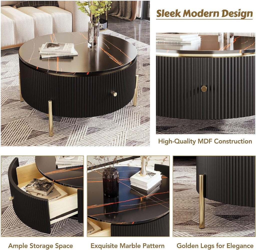 Modern Round Coffee Table with 2 Large Drawers Storage Accent Table for Living Room, Black(31.5'')