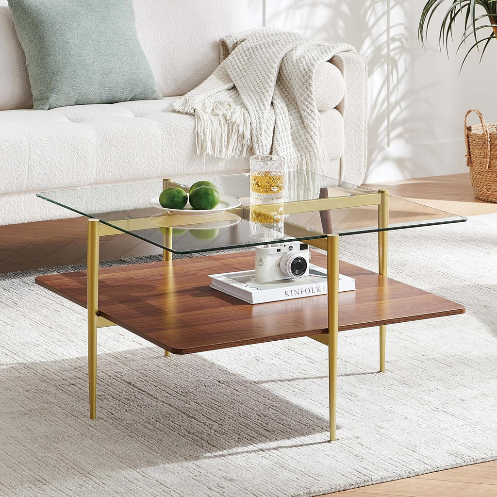 LumFurn X-Large Oval Glass Coffee Table, Mid-Century Modern Design, L47 x W24 x H17 inch, for Living Room, Clear Glass Top and Walnut Finish Wood Shelf, Conical Legs with Gold Finish Frame