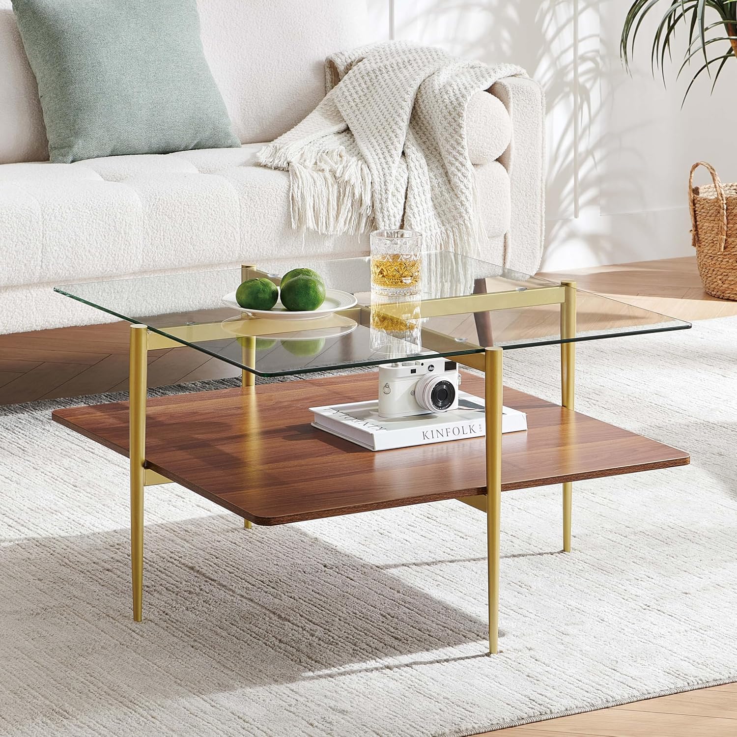 LumFurn X-Large Oval Glass Coffee Table, Mid-Century Modern Design, L47 x W24 x H17 inch, for Living Room, Clear Glass Top and Walnut Finish Wood Shelf, Conical Legs with Gold Finish Frame