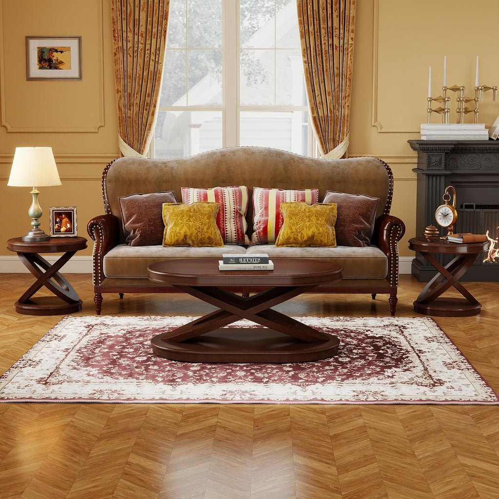 LKTART Living Room Coffee Table Set of 3, Oval Wood Coffee Table and Round End Tables Set of 2, Vintage Antique Coffee Table Sets with X-Shape Support,Walnut