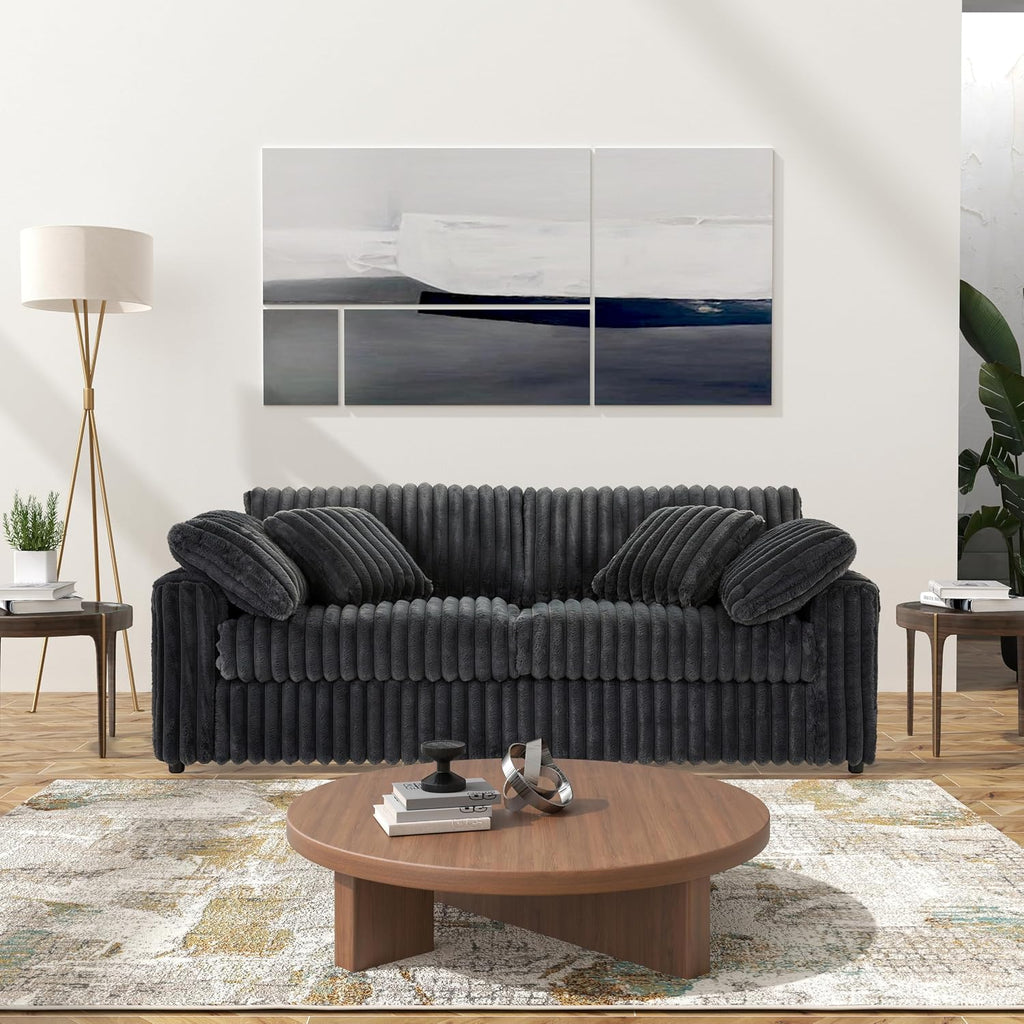 Roundhill Furniture Belvoir 3-Piece Living Room Set, Sofa Cuddle Chaise and Ottoman, Charcoal
