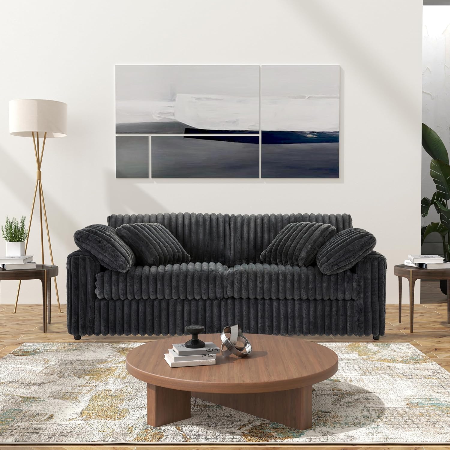 Roundhill Furniture Belvoir 3-Piece Living Room Set, Sofa Cuddle Chaise and Ottoman, Charcoal