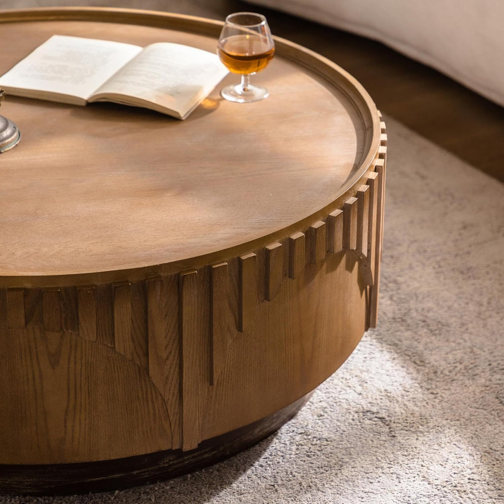 36.22'' Round Drum Coffee Table for Living Room, Modern Mid-Century Circle Wood Coffee Table with Sturdy Pedestal, Easy Assembly, Natural