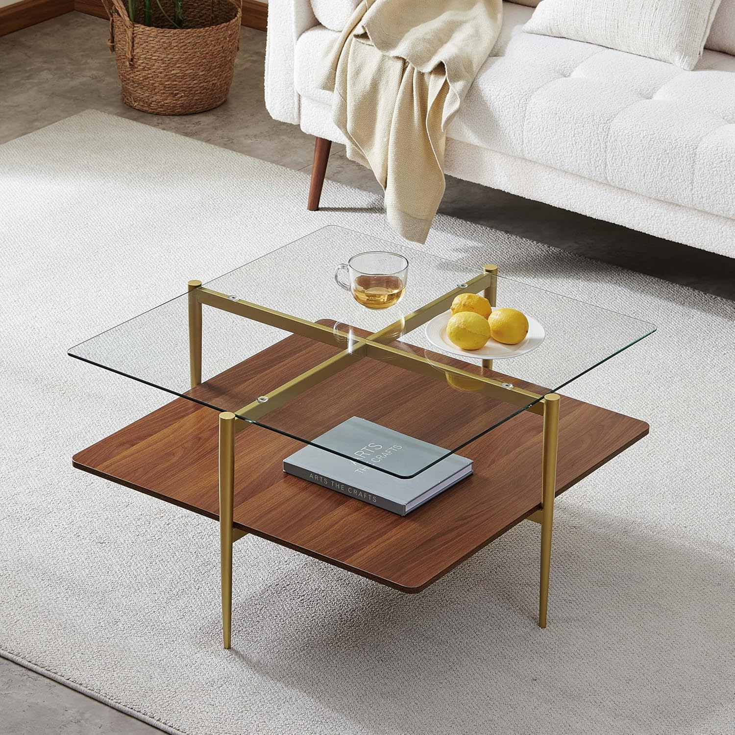 LumFurn X-Large Oval Glass Coffee Table, Mid-Century Modern Design, L47 x W24 x H17 inch, for Living Room, Clear Glass Top and Walnut Finish Wood Shelf, Conical Legs with Gold Finish Frame