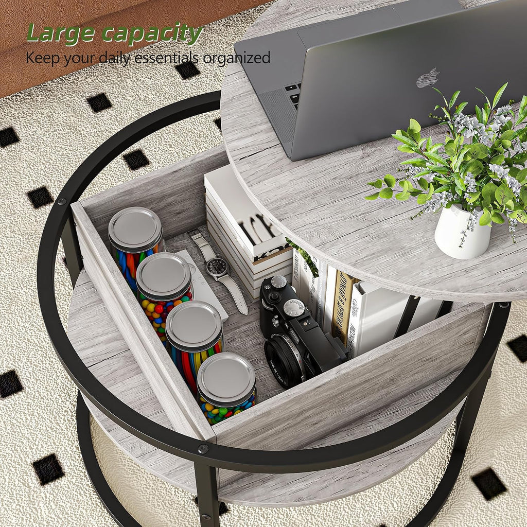 Round Coffee Table with Storage,Lift Top Coffee Table for Living Room Reception Room,2 Tier Small Round Table Dining Center,Grey