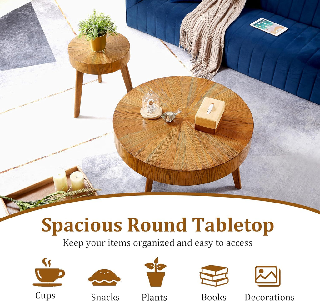 Nesting Round Wood Coffee Table Set of 2 - Wooden Circle Coffee Table ＆ End Table Side Table for Living Room Apartment (Espresso,31x31x14 in)