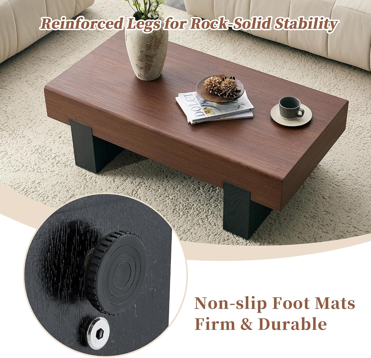 Walnut Wood Coffee Table with Storage Modern Small Coffee Table for Living Room Rectangle Farmhouse Center Table Thick Tabletop