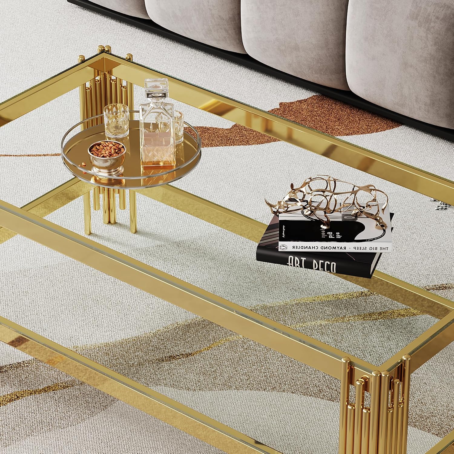SSLine 3-Piece Living Room Table Set, Modern Clear Glass Coffee Table with 2 End Table, Luxury Rectangle 2-Tier Storage Coffee Table Set with Gold Stainless Steel Frame for Living Room