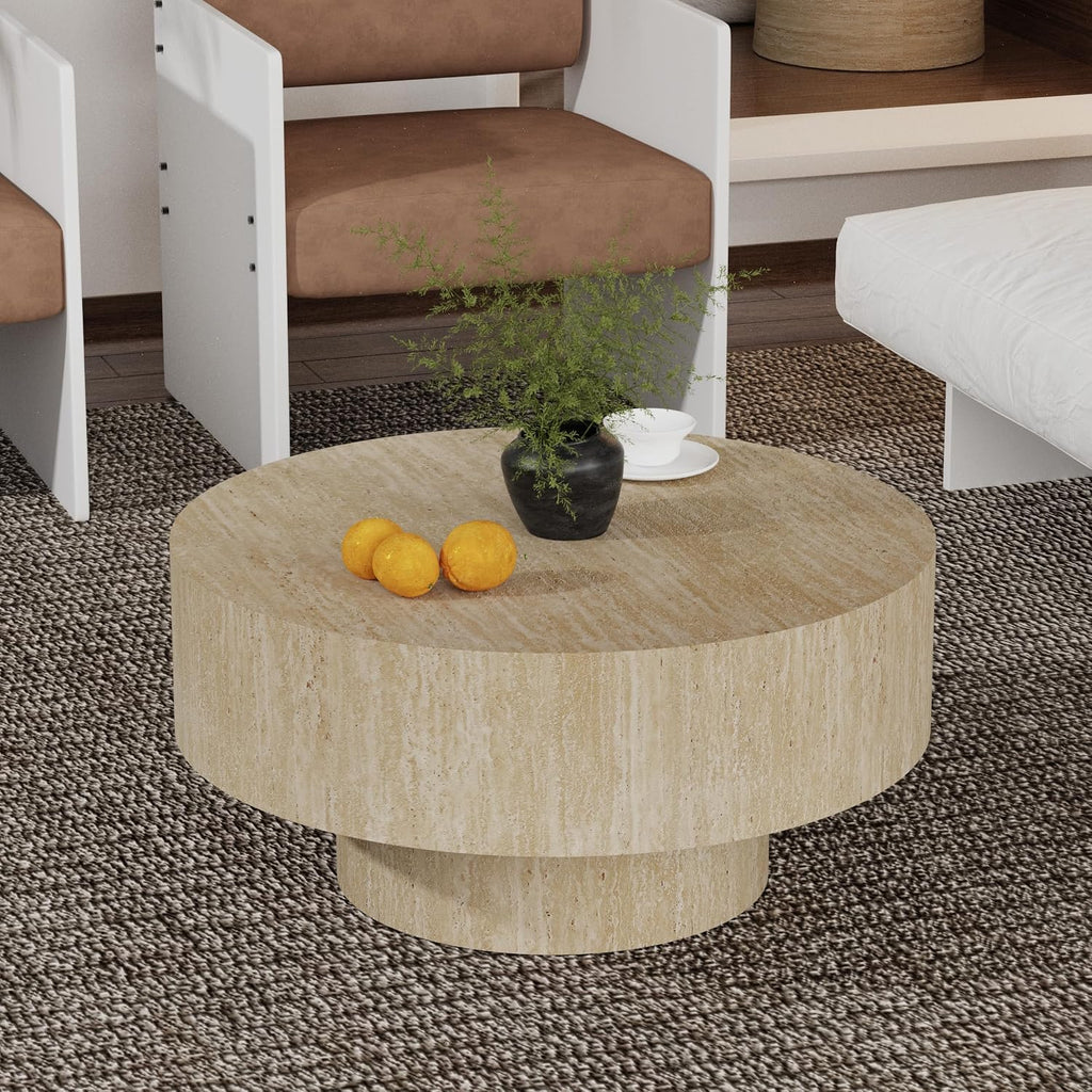 Round Fluted Coffee Table Round Drum Coffee Table for Living Room Modern Circular Pedestal Center Table (Circle Travertine 29.9in)