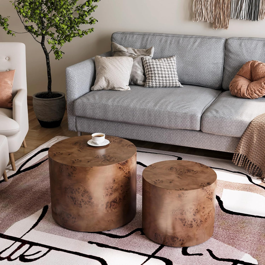 Round Nesting Coffee Table Set of 2 for Living Room Burl Wood Coffee Table Side Tables End Tables Set Modern Circle Center Tables, No Need Assembly (Burl Wood-Walnut)