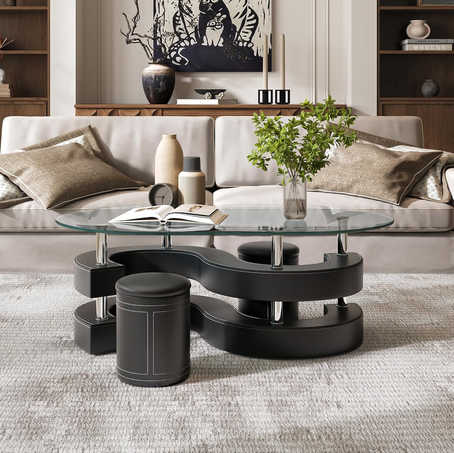 Glass Coffee Table Set with 2 Stools, 49' Oval Coffee Table and 2 Leather Stools, Modern Glass Center Table for Living Room, Home Office