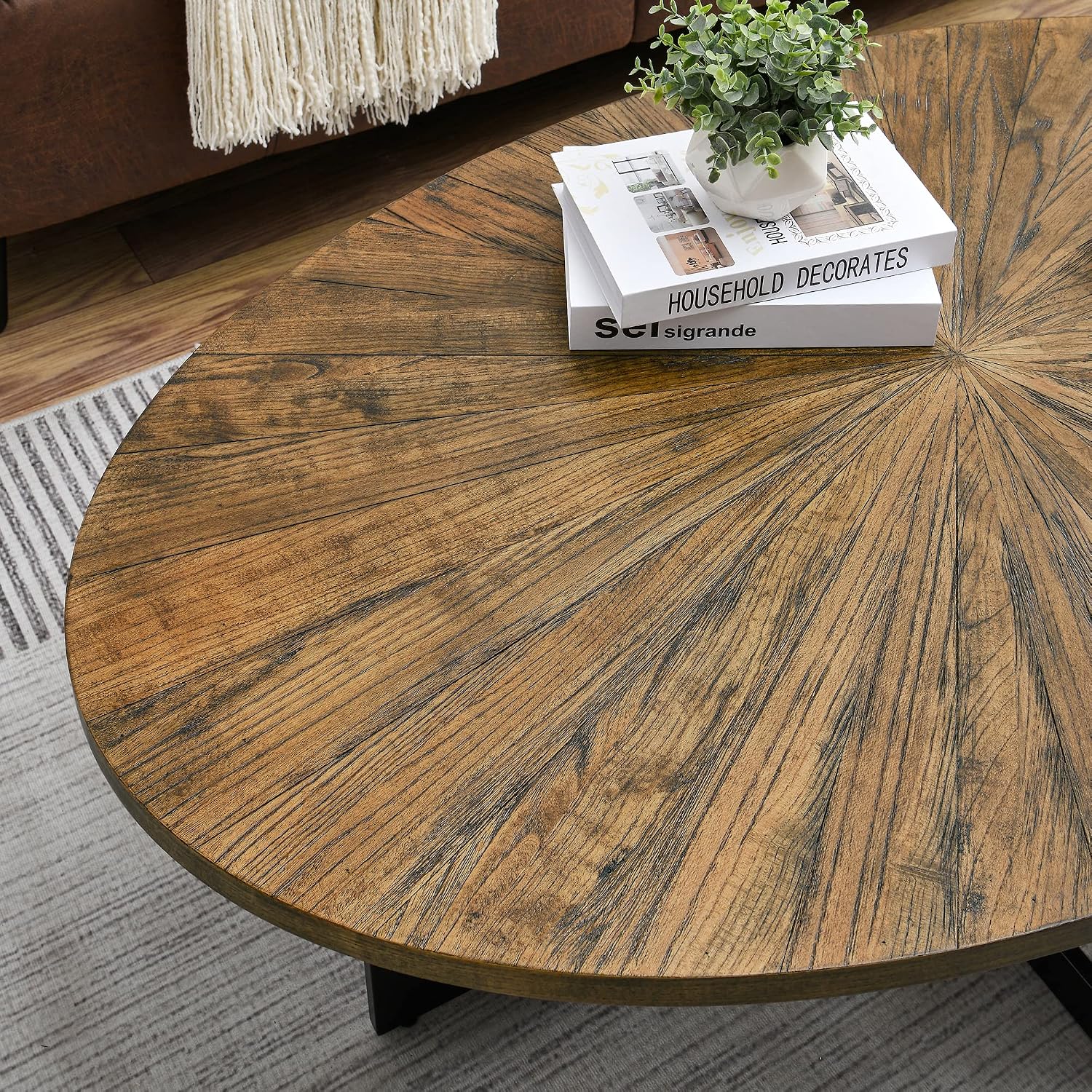 Solid Wood Oval Coffee Table with Cross Metal Legs, 47.9' Industrail Bar Cocktail Table for Living Room Kitchen Office Sofa Table Bristro Table for Cafe/Bar Rustic Brown 1831