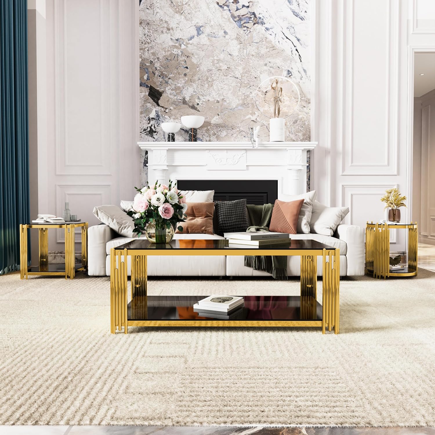 19.9'' Tempered Glass Side Tabel Square End for Living Room, 2-Tier Modern Accent Square Design, Transparent Mirror Tabletop & Metal Drum Base, Easy Assembly, Black & Gold