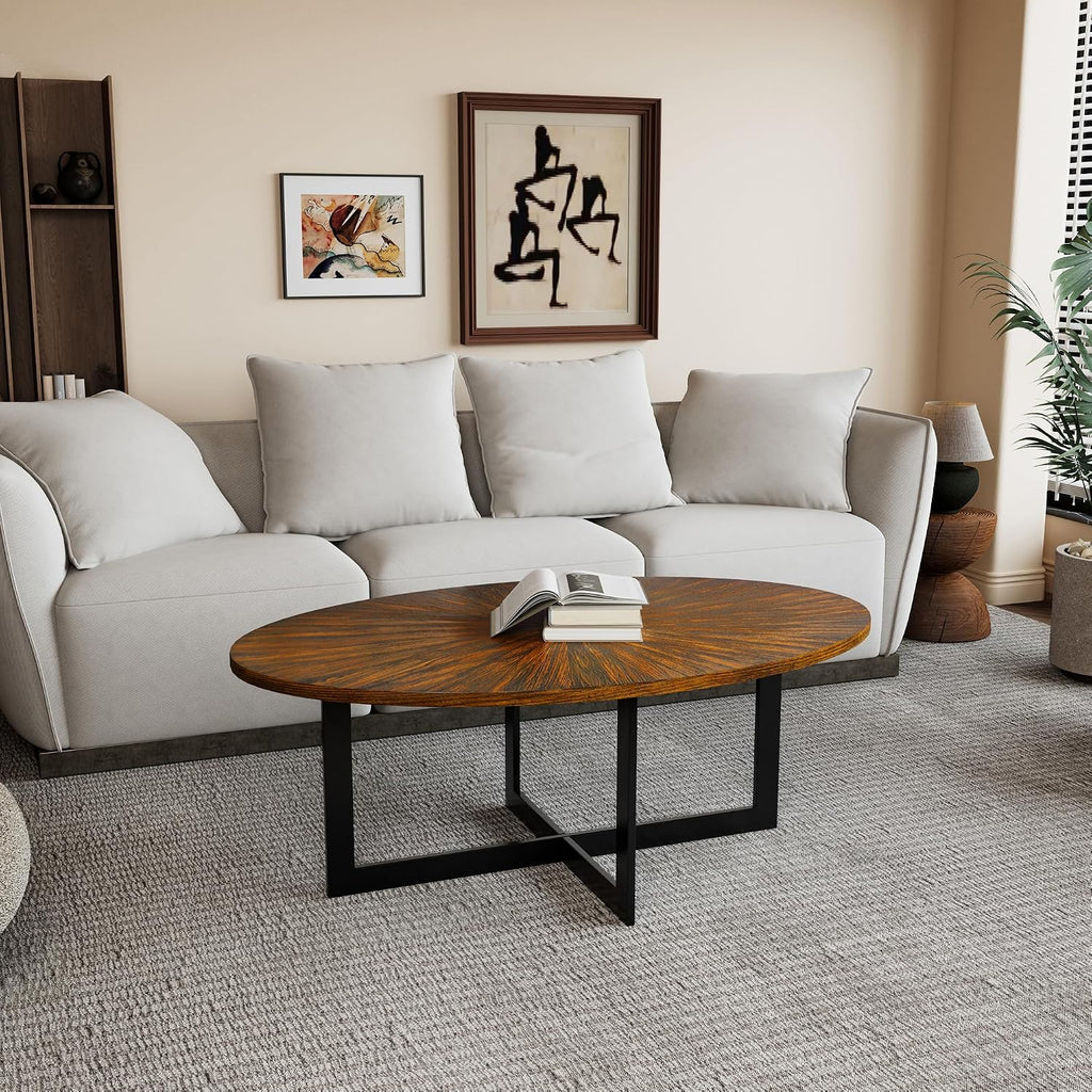 Solid Wood Oval Coffee Table with Cross Metal Legs, 47.9' Industrail Bar Cocktail Table for Living Room Kitchen Office Sofa Table Bristro Table for Cafe/Bar Rustic Brown