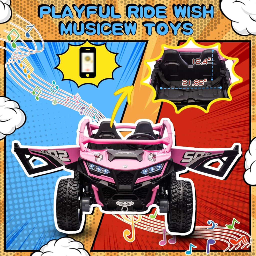 wanan XL 24V 10AH Ride on Toys for Big Kids Real 2-Seater, 4x4 4WD Motor Ride on Car Kid UTV for Kids 3-8, Remote Control, Bluetooth Music, 4 Spring Suspension, 22' Spacious Seats (Pink)