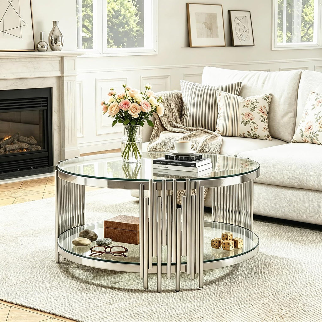 31.5' Round Glass Coffee Table 2-Tier Clear Storage Coffee Table with Silver Irregular Stainless Steel Leg, Modern Circle Glass Tea Center Tables for Living Room Home Apartment Office