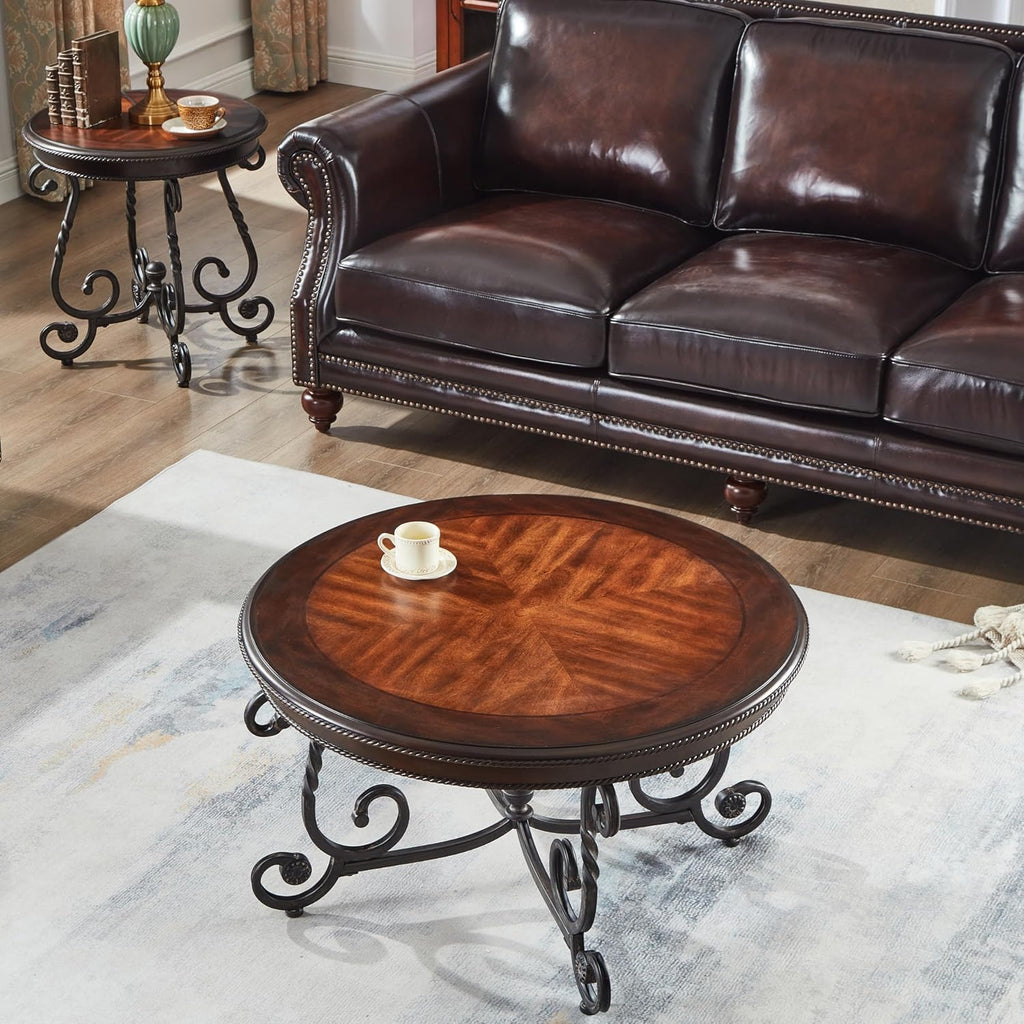 Retro Round Wood Coffee Table with Metal Leg, Circle Farmhouse Coffee Table for Living Room, Wooden Mid Century Center Tables, Easy Assembly (35' Dx35 Wx19 H)