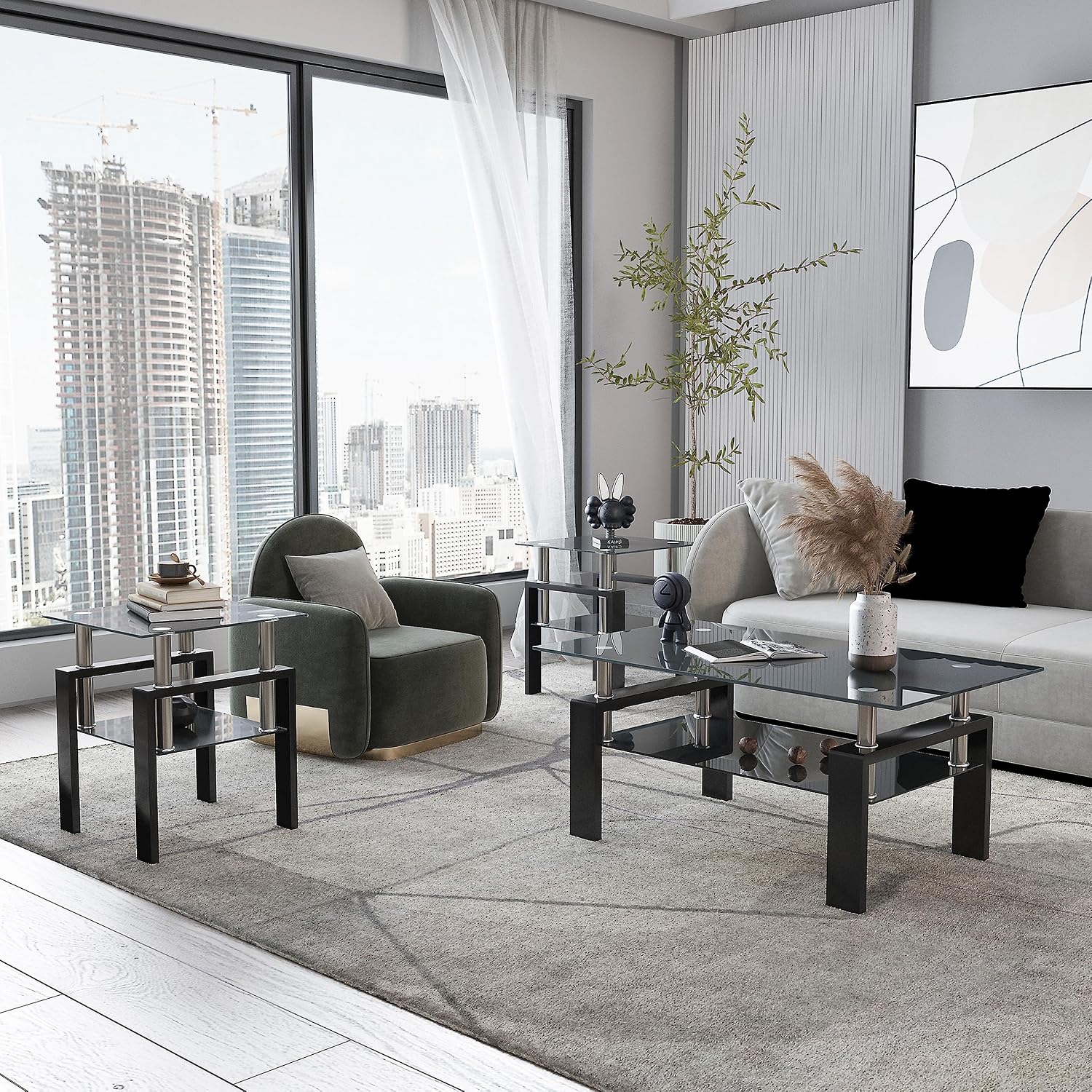 Glass Coffee Table Sets of 3 for Living Room, Mordern End Table Sofa Side Tables with Storage, Black Metal Leg, Rectangle Tempered Center Table Home Furniture Set (All Black)