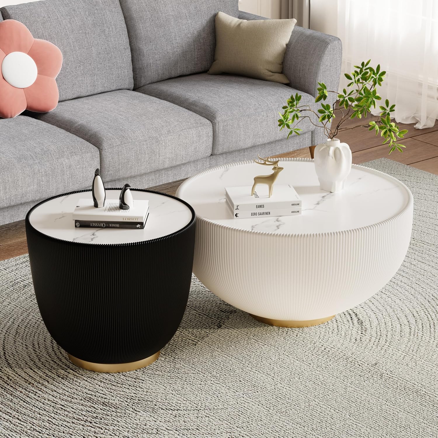 Modern Coffee Table Set, Round Drum Coffee Table with Sintered Stone Top, PU Leather Cover and Metal Base, White and Black Living Room Table Set, 29.53' & 19.7'