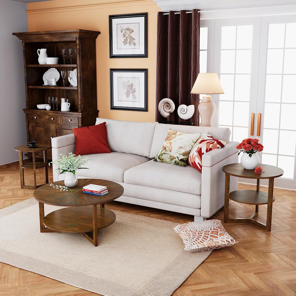 PADMA HOUSE 33.5' Round Wood Coffee Table, 2-Tier Solid Wood Rounded Circle Accent Coffee Table Center Cocktail Table Vintage Furniture for Home Living Room Bedroom,Espresso Brown 3338NC