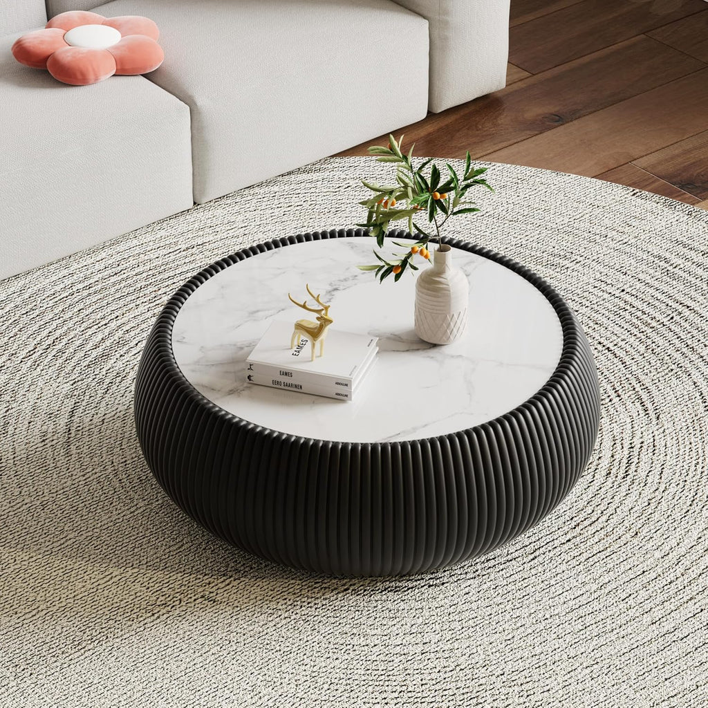 Round Drum Coffee Table Luxury Sintered Stone Top Coffee Table in Black Leatherette, Fully Assembled Drum-Shape Cocktail Center Table for Living Room Bedroom