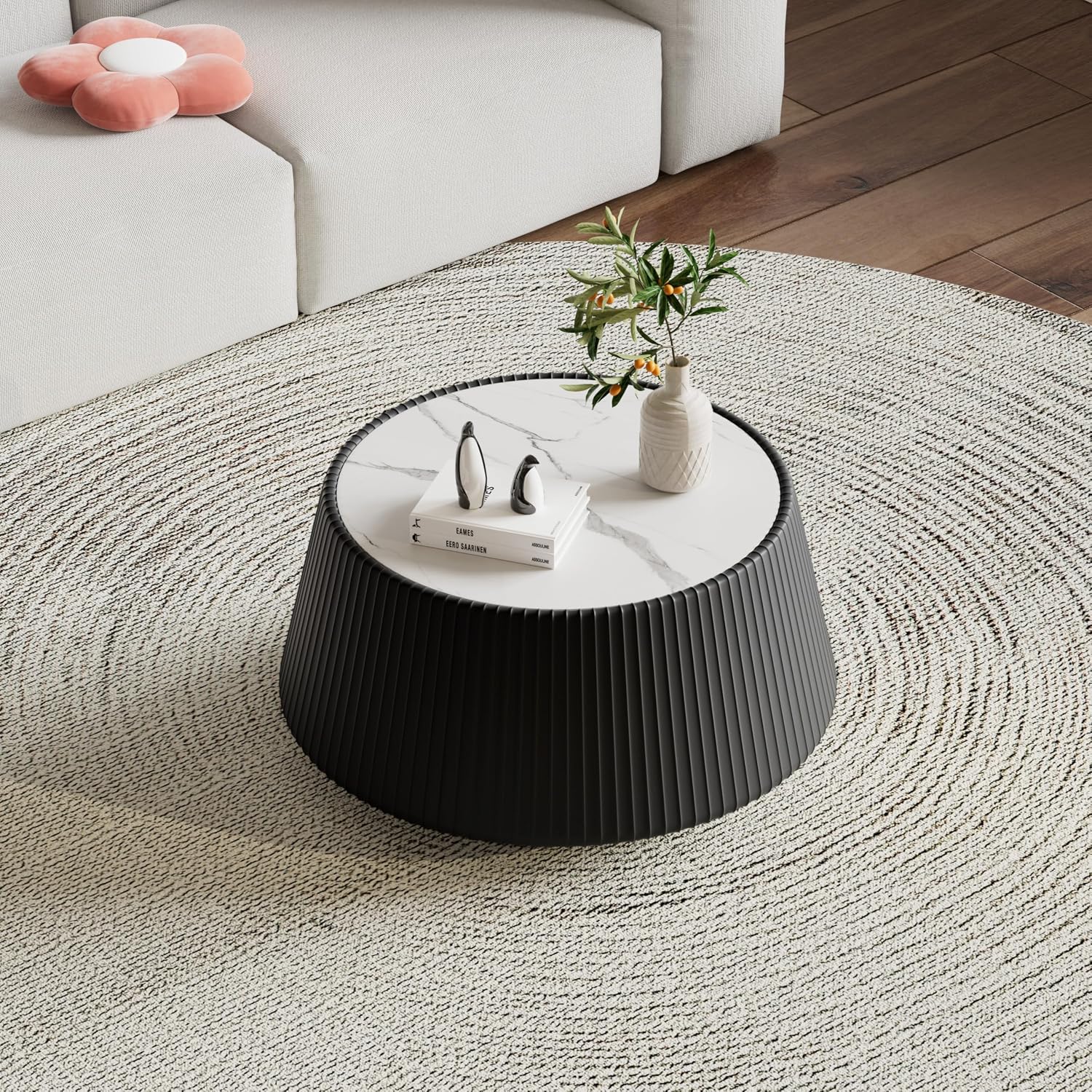 26.77' Marble Coffee Table, Modern Cup Shaped Coffee Table with Sintered Stone Top and PU Leather Covered, Black Fluted Cocktail Center Tea Coffee Tables for Living Room,No Need Assembly