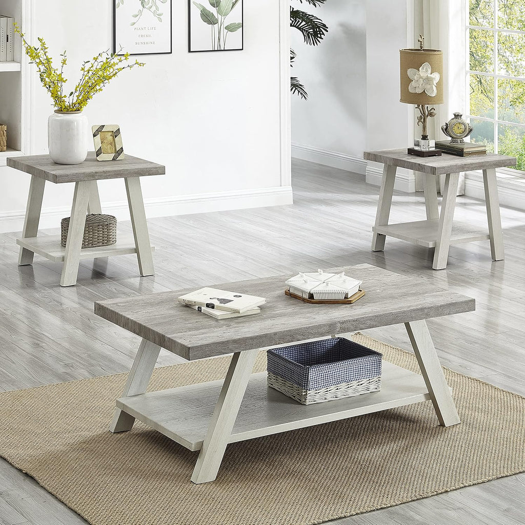 3-Piece Living Room Table Set, Coffee Table& Two End Tables, Side Table with Wood Storage Shelf for Living Room, Bedroom (Beige, 48' L x 24' W x 19' H)