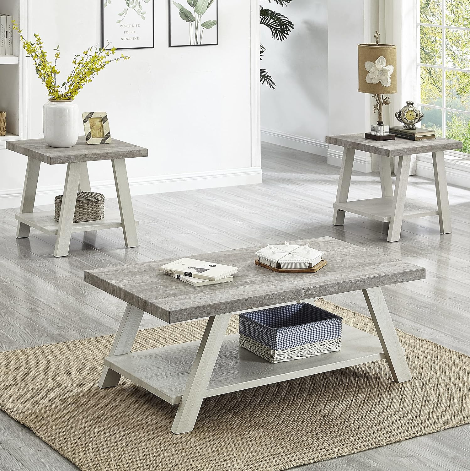 3-Piece Living Room Table Set, Coffee Table& Two End Tables, Side Table with Wood Storage Shelf for Living Room, Bedroom (Beige, 48' L x 24' W x 19' H)
