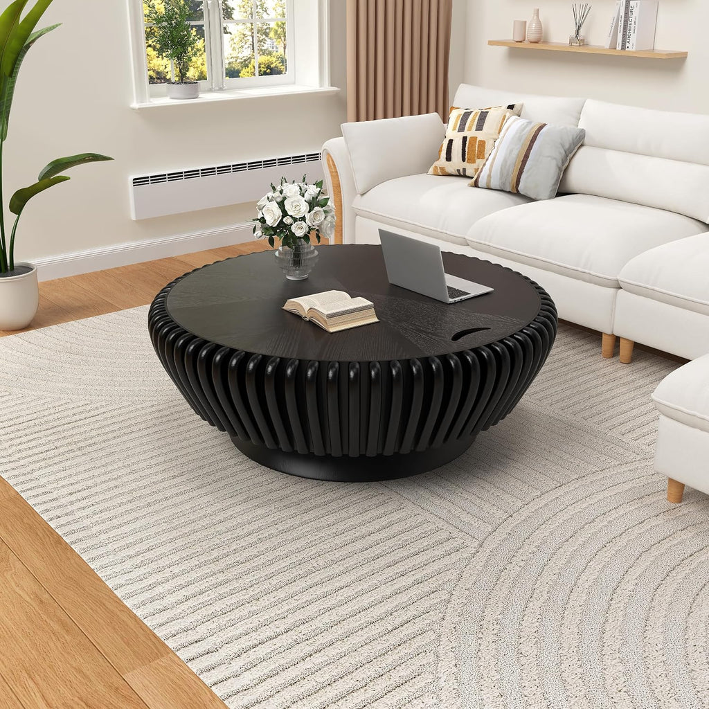 Round Wood Fluted Coffee Table with Storage, 35' Round Fluted Coffee Table with Flip-Top Lid Mid Century Modern Low Circle Drum Coffee Tables for Living Room (Black A, 35')
