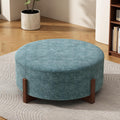 Christopher Knight Home Holmes Modern Chenille Upholstered Ottoman Coffee Table, Wooden Round Cocktail Ottoman, Large Living Room Sofa Footstool/Footrest, Teal Blue+Walnut