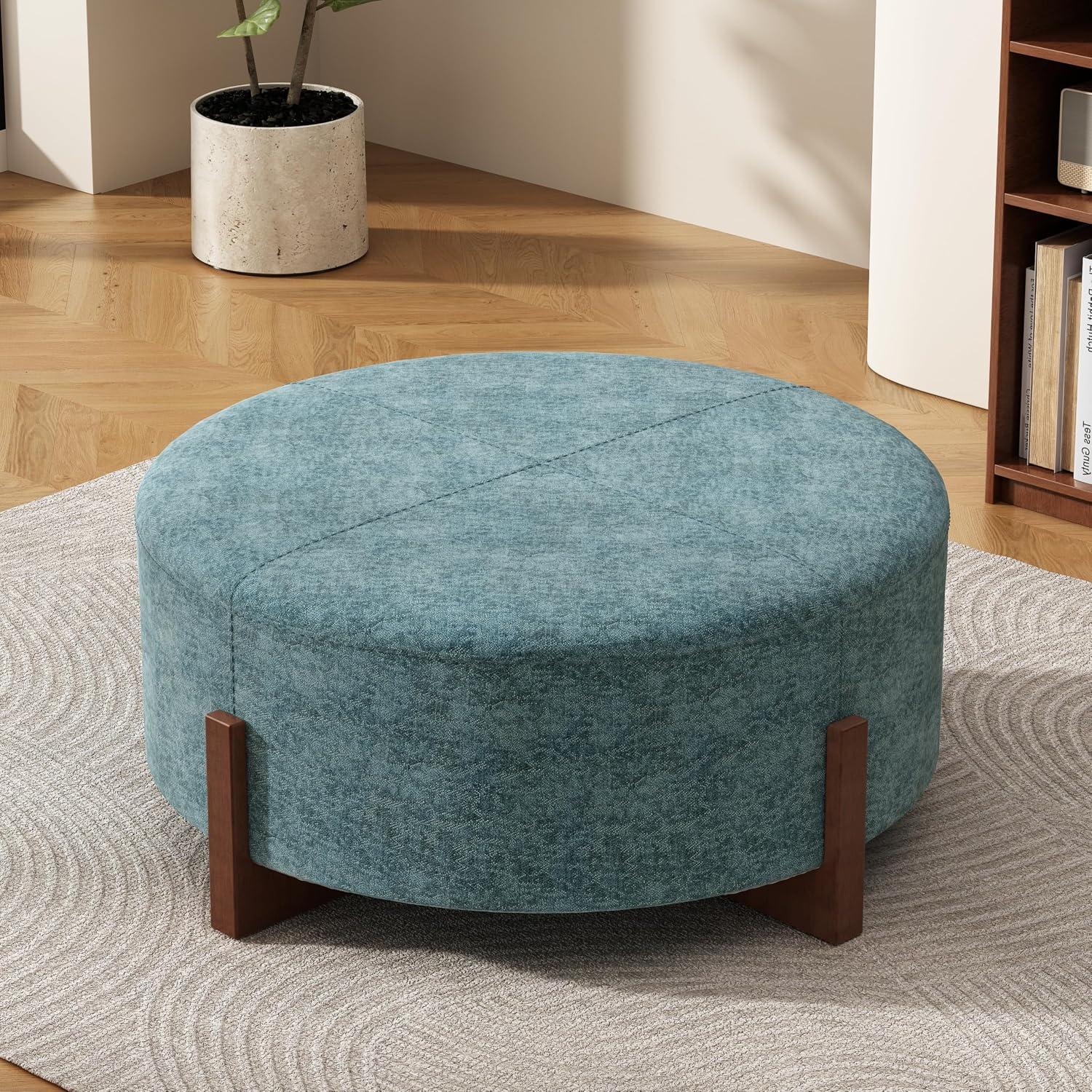 Christopher Knight Home Holmes Modern Chenille Upholstered Ottoman Coffee Table, Wooden Round Cocktail Ottoman, Large Living Room Sofa Footstool/Footrest, Teal Blue+Walnut