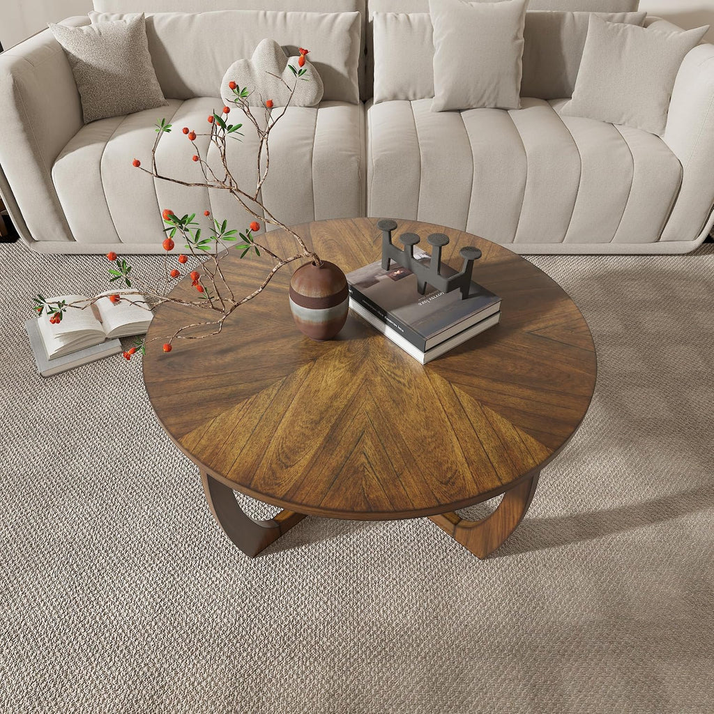 Round Wood Coffee Table, Solid Hardwood Coffee Tables for Living Room, Mid-Century Modern Coffee-Table with Criss-Cross Legs, 33.5' D x 17.7' H, Designed Home Furniture, Easy Assembly, Center Table