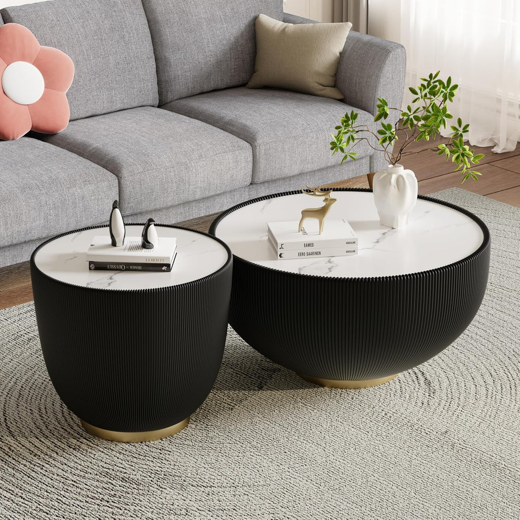 27.55' Round Marble Coffee Table,Black Fluted Coffee Table w/White Sintered Stone Top & PU Leather Covered & Gold Metal Base Modern Bucket Shaped Coffee Cocktail Center Tables for Living Room